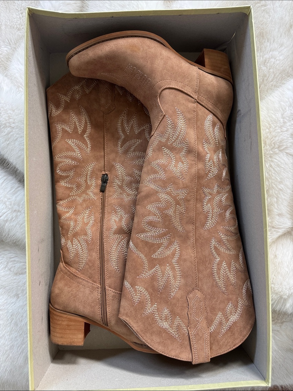 Tan Suede Embroidered Western knee high Heeled Boots